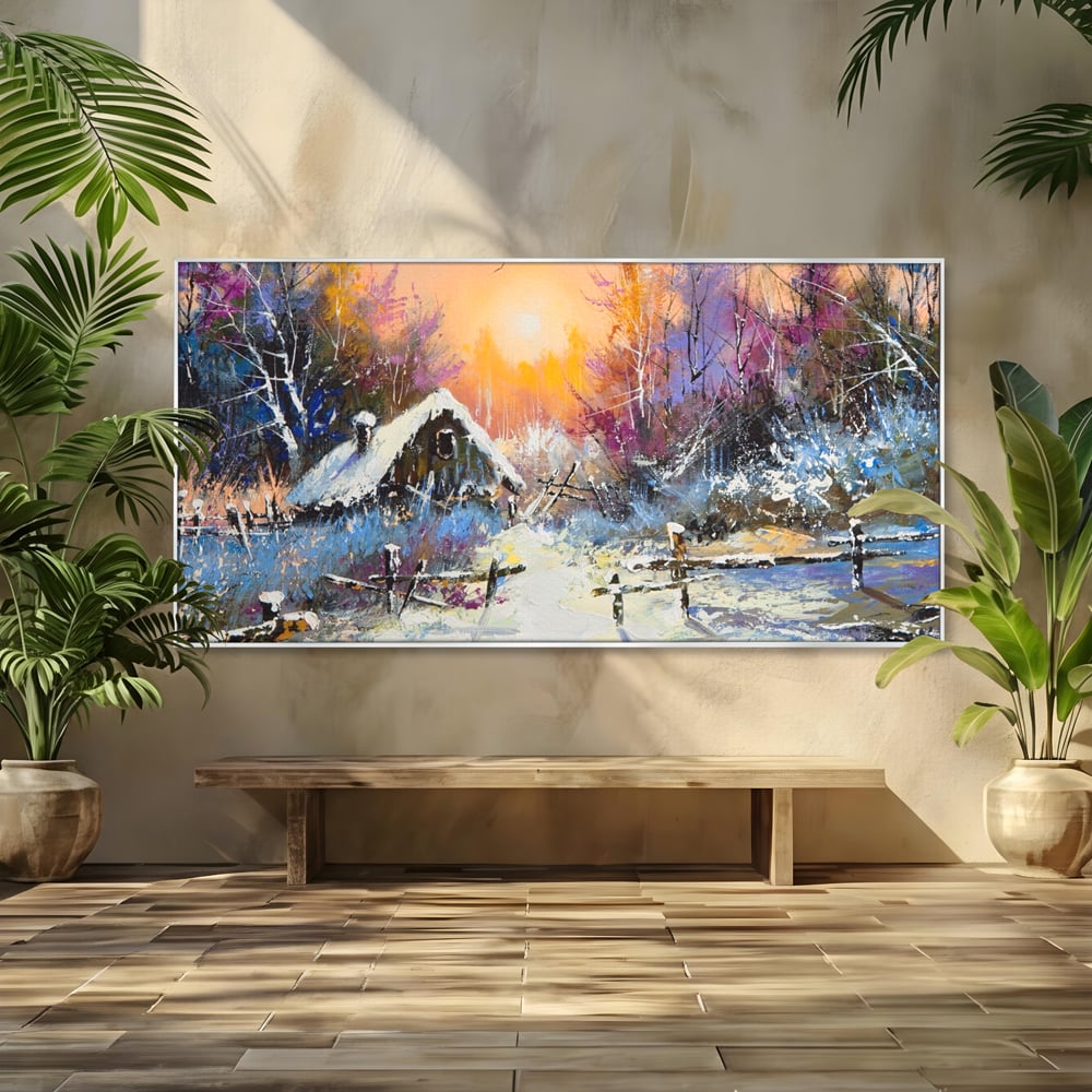 Tablou Canvas Premium LuxCanva® A1100, Iarna In Padure , Peisaj, Casa, Natura, Zapada, Culori Vibrante