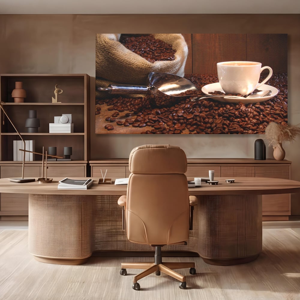 Tablou Canvas Premium LuxCanva® A1101, Boabe De Cafea , Cana, Espresso, Aroma Diminetii, Culori Vibrante