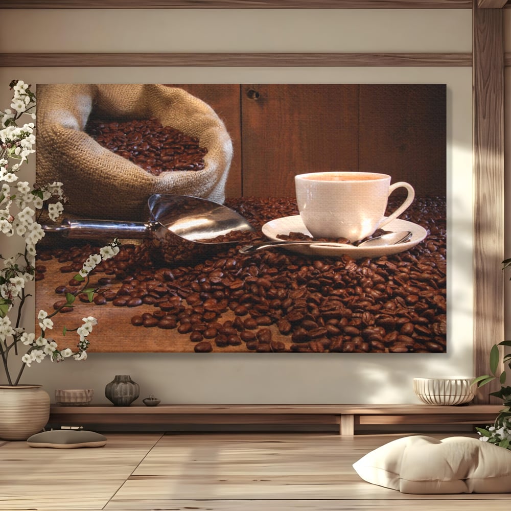 Tablou Canvas Premium LuxCanva® A1101, Boabe De Cafea , Cana, Espresso, Aroma Diminetii, Culori Vibrante
