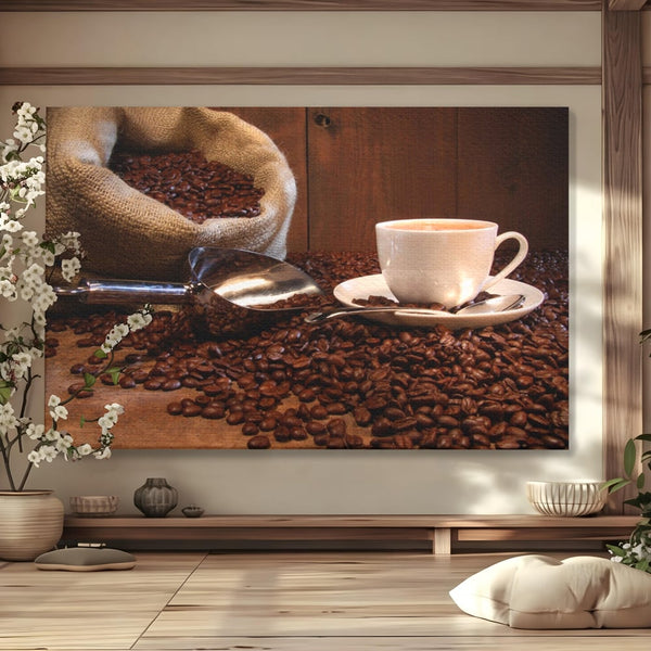Tablou Canvas Premium LuxCanva® A1101, Boabe De Cafea , Cana, Espresso, Aroma Diminetii, Culori Vibrante