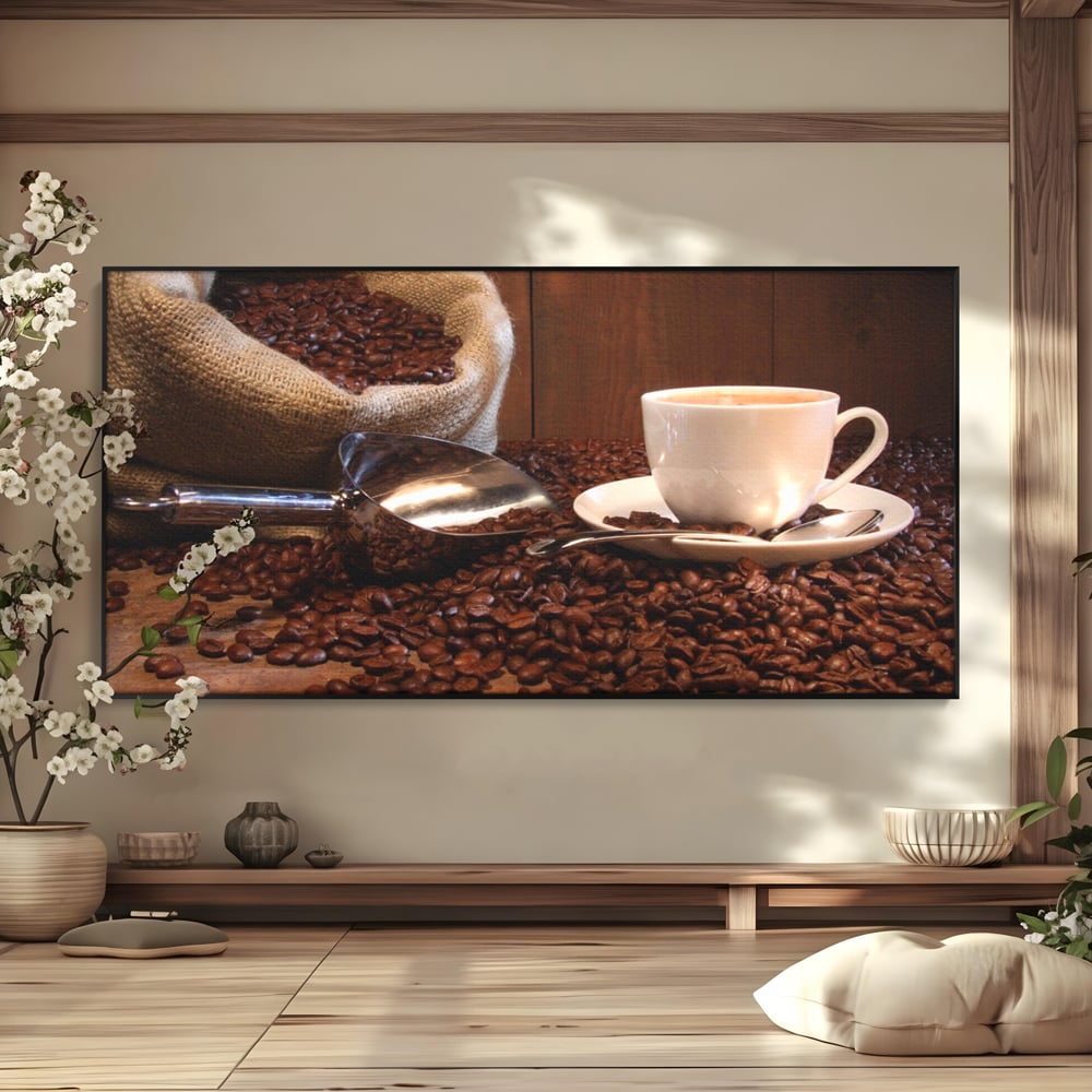 Tablou Canvas Premium LuxCanva® A1101, Boabe De Cafea , Cana, Espresso, Aroma Diminetii, Culori Vibrante