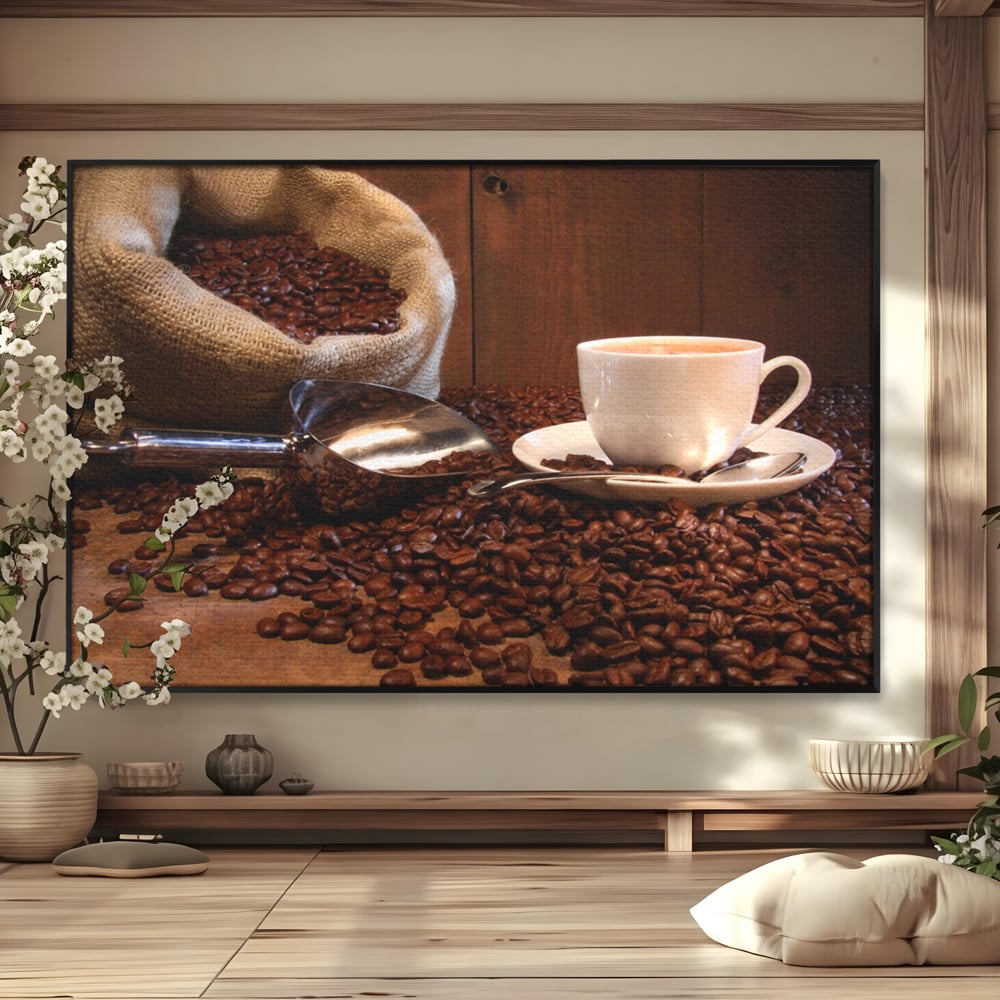 Tablou Canvas Premium LuxCanva® A1101, Boabe De Cafea , Cana, Espresso, Aroma Diminetii, Culori Vibrante