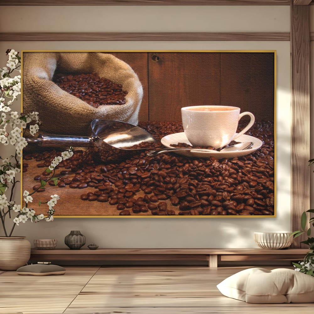 Tablou Canvas Premium LuxCanva® A1101, Boabe De Cafea , Cana, Espresso, Aroma Diminetii, Culori Vibrante