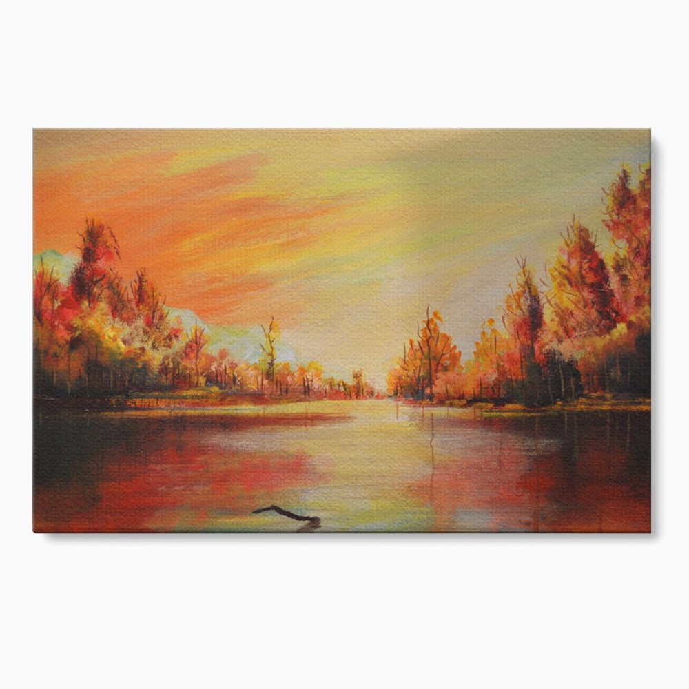 Tablou Canvas Premium LuxCanva® A1102, Apus De Toamna , Peisaj, Padure, Lac, Copaci, Culori Vibrante