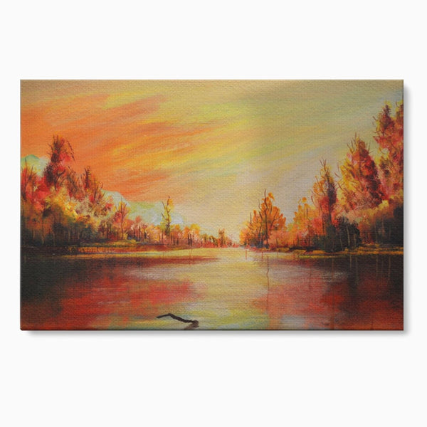 Tablou Canvas Premium LuxCanva® A1102, Apus De Toamna , Peisaj, Padure, Lac, Copaci, Culori Vibrante