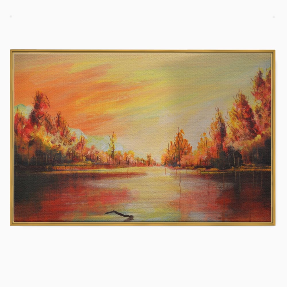 Tablou Canvas Premium LuxCanva® A1102, Apus De Toamna , Peisaj, Padure, Lac, Copaci, Culori Vibrante
