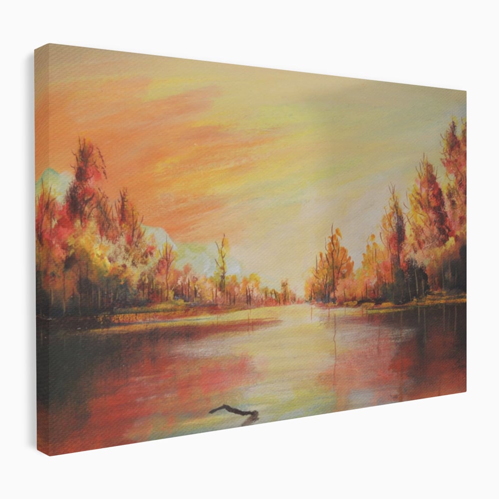 Tablou Canvas Premium LuxCanva® A1102, Apus De Toamna , Peisaj, Padure, Lac, Copaci, Culori Vibrante