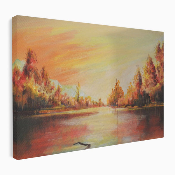 Tablou Canvas Premium LuxCanva® A1102, Apus De Toamna , Peisaj, Padure, Lac, Copaci, Culori Vibrante