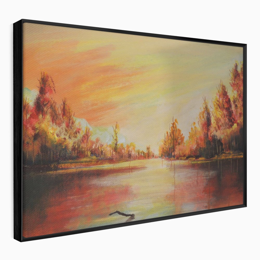 Tablou Canvas Premium LuxCanva® A1102, Apus De Toamna , Peisaj, Padure, Lac, Copaci, Culori Vibrante