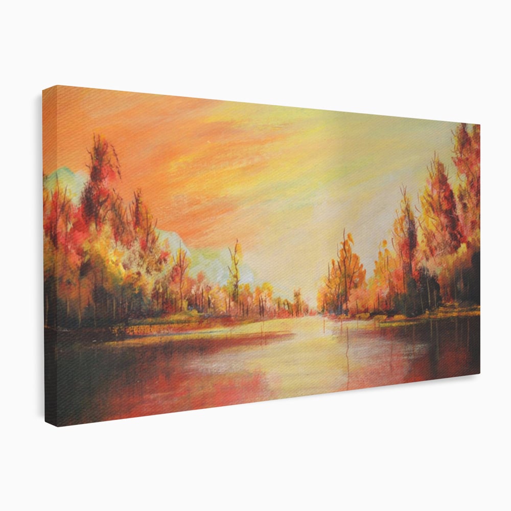 Tablou Canvas Premium LuxCanva® A1102, Apus De Toamna , Peisaj, Padure, Lac, Copaci, Culori Vibrante