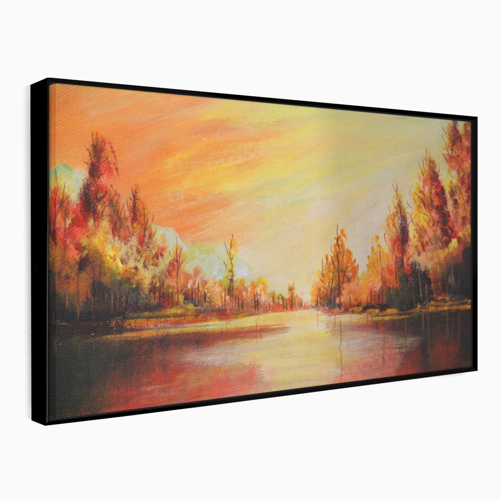 Tablou Canvas Premium LuxCanva® A1102, Apus De Toamna , Peisaj, Padure, Lac, Copaci, Culori Vibrante