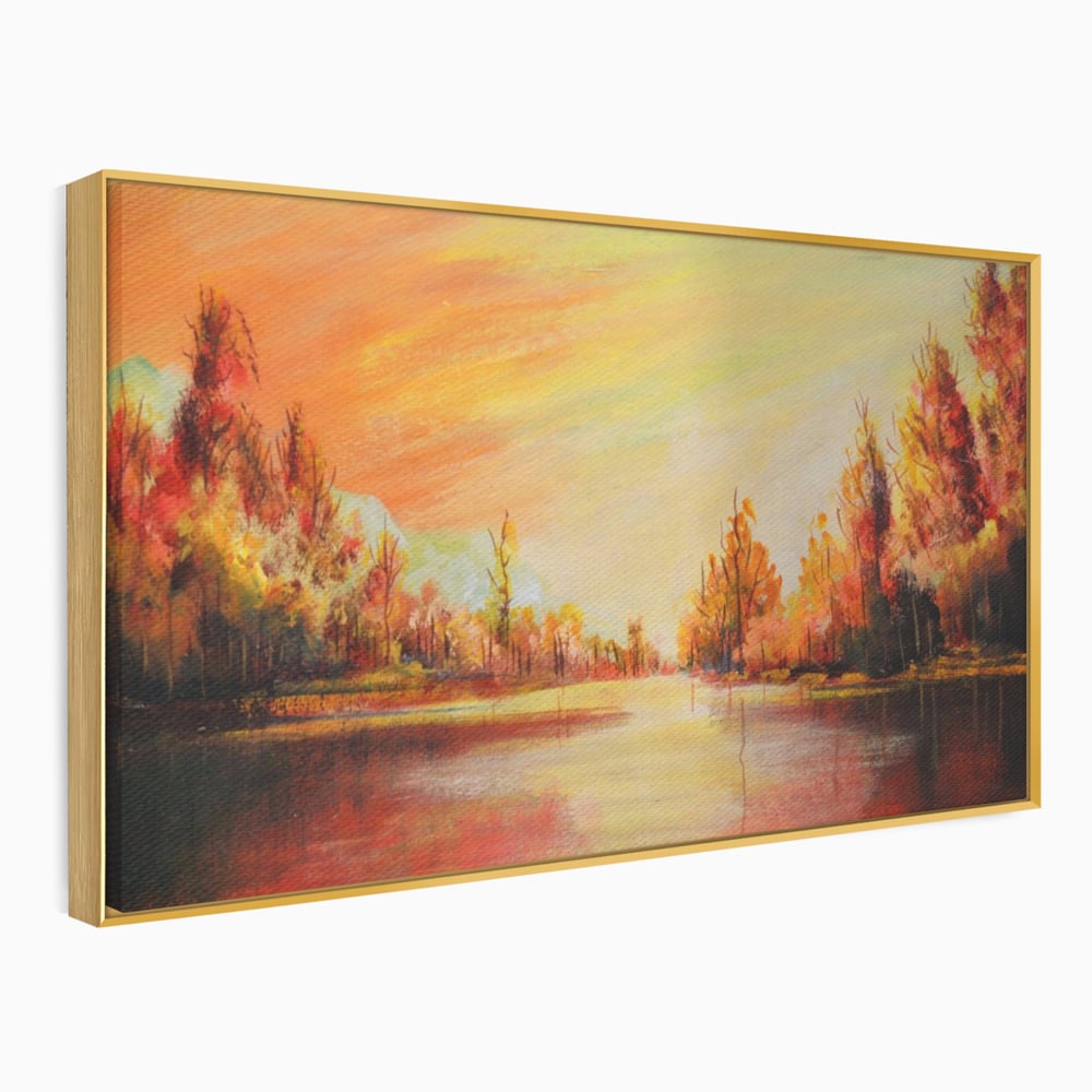 Tablou Canvas Premium LuxCanva® A1102, Apus De Toamna , Peisaj, Padure, Lac, Copaci, Culori Vibrante