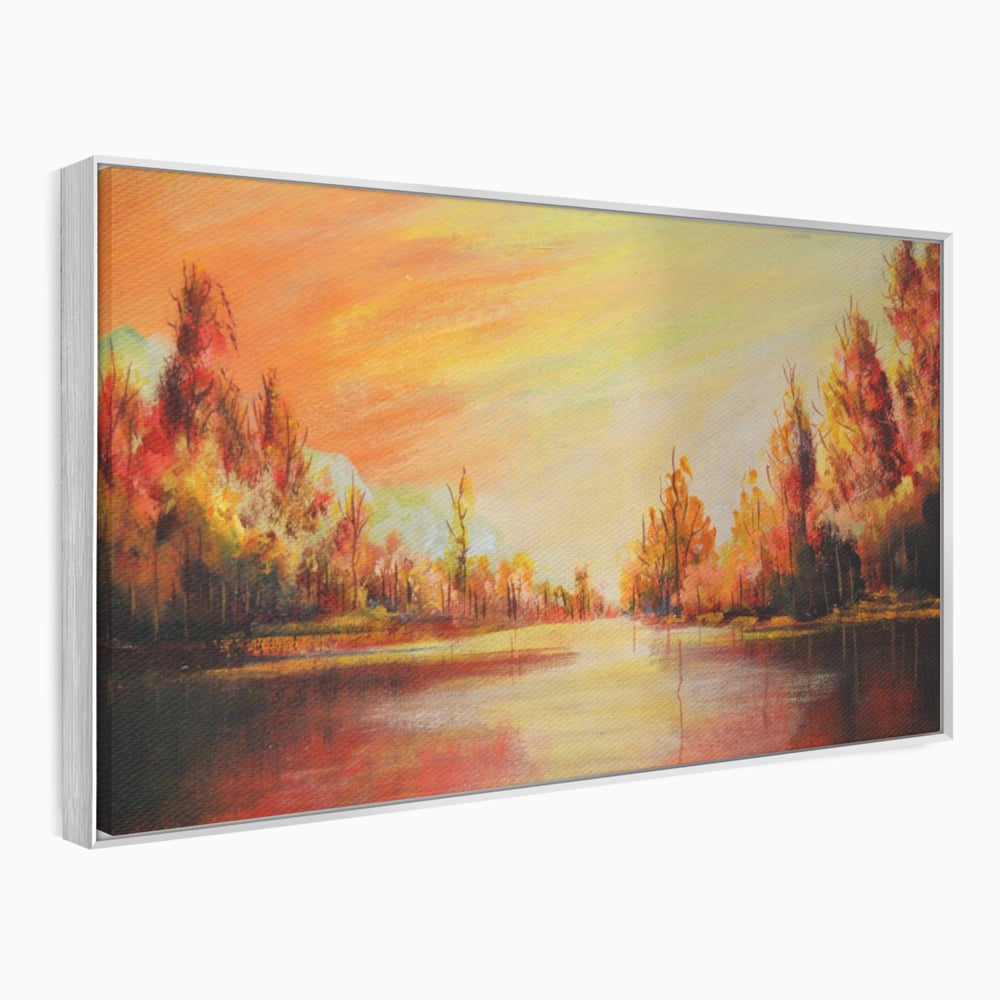 Tablou Canvas Premium LuxCanva® A1102, Apus De Toamna , Peisaj, Padure, Lac, Copaci, Culori Vibrante