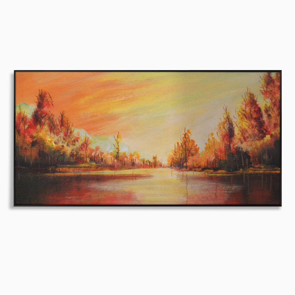 Tablou Canvas Premium LuxCanva® A1102, Apus De Toamna , Peisaj, Padure, Lac, Copaci, Culori Vibrante