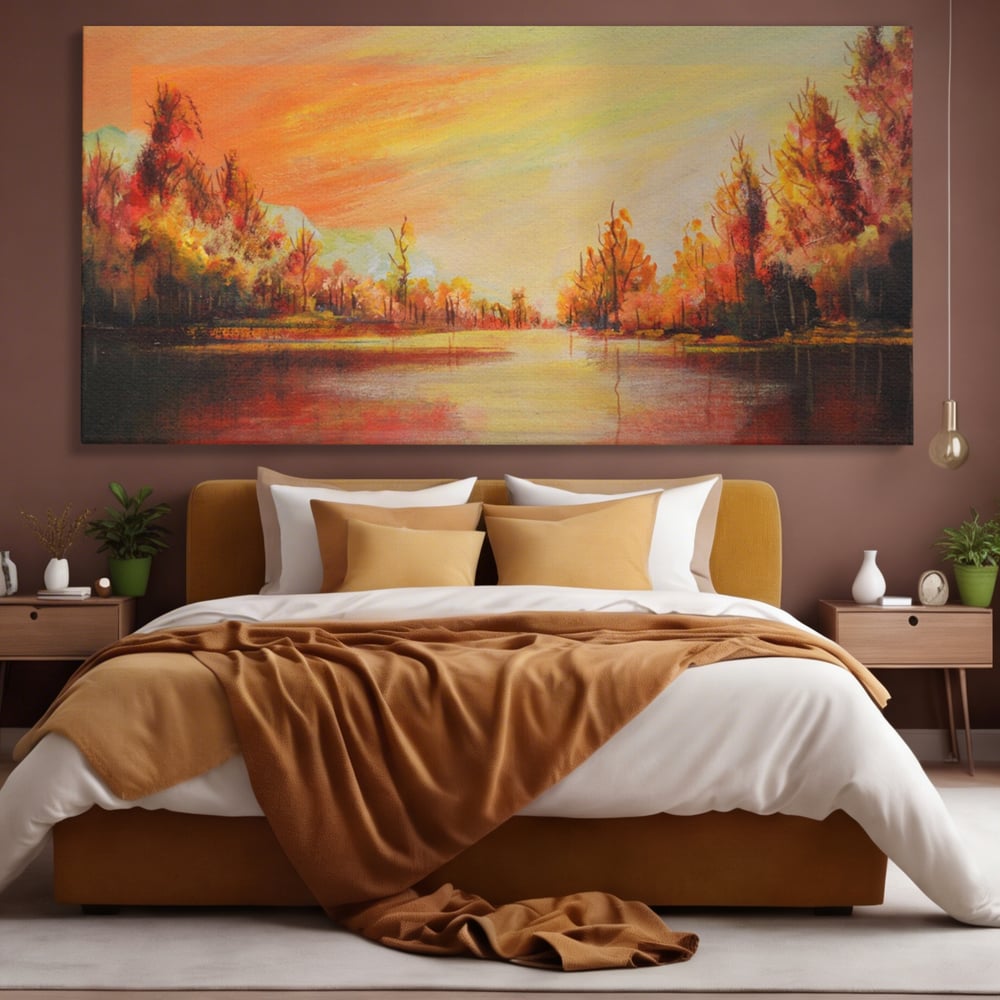 Tablou Canvas Premium LuxCanva® A1102, Apus De Toamna , Peisaj, Padure, Lac, Copaci, Culori Vibrante