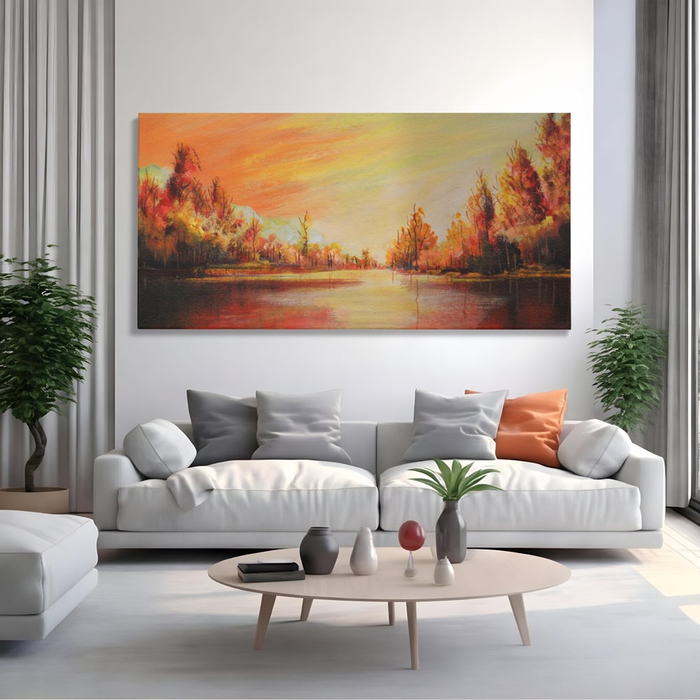 Tablou Canvas Premium LuxCanva® A1102, Apus De Toamna , Peisaj, Padure, Lac, Copaci, Culori Vibrante