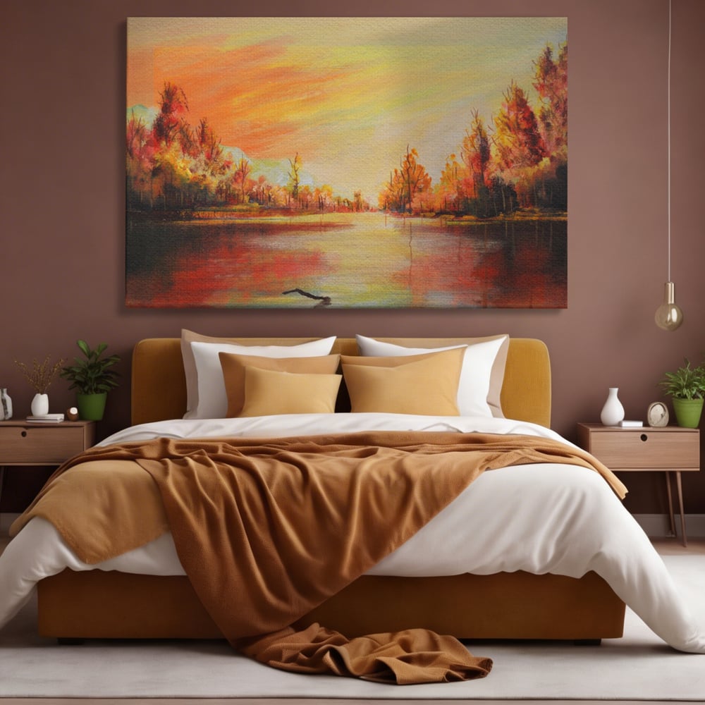 Tablou Canvas Premium LuxCanva® A1102, Apus De Toamna , Peisaj, Padure, Lac, Copaci, Culori Vibrante