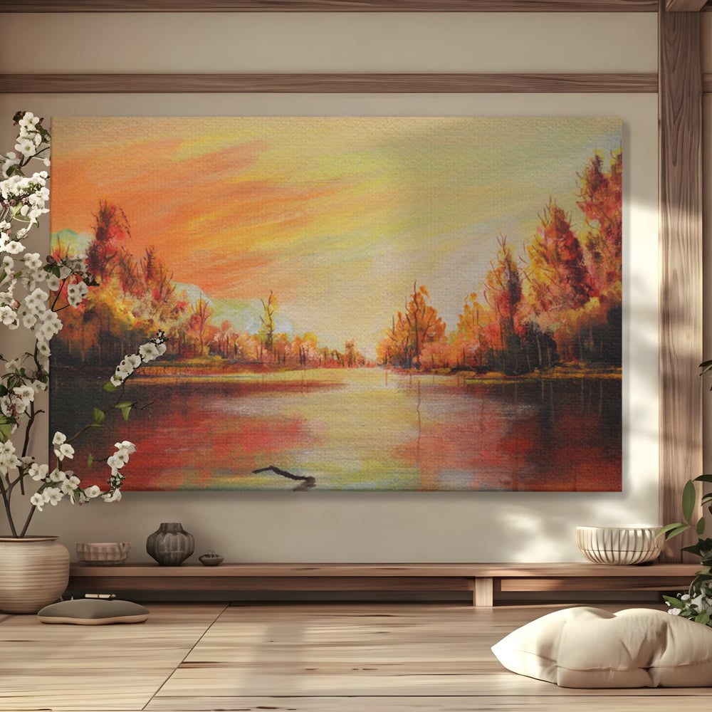 Tablou Canvas Premium LuxCanva® A1102, Apus De Toamna , Peisaj, Padure, Lac, Copaci, Culori Vibrante