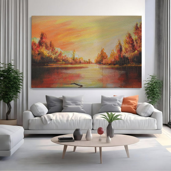 Tablou Canvas Premium LuxCanva® A1102, Apus De Toamna , Peisaj, Padure, Lac, Copaci, Culori Vibrante