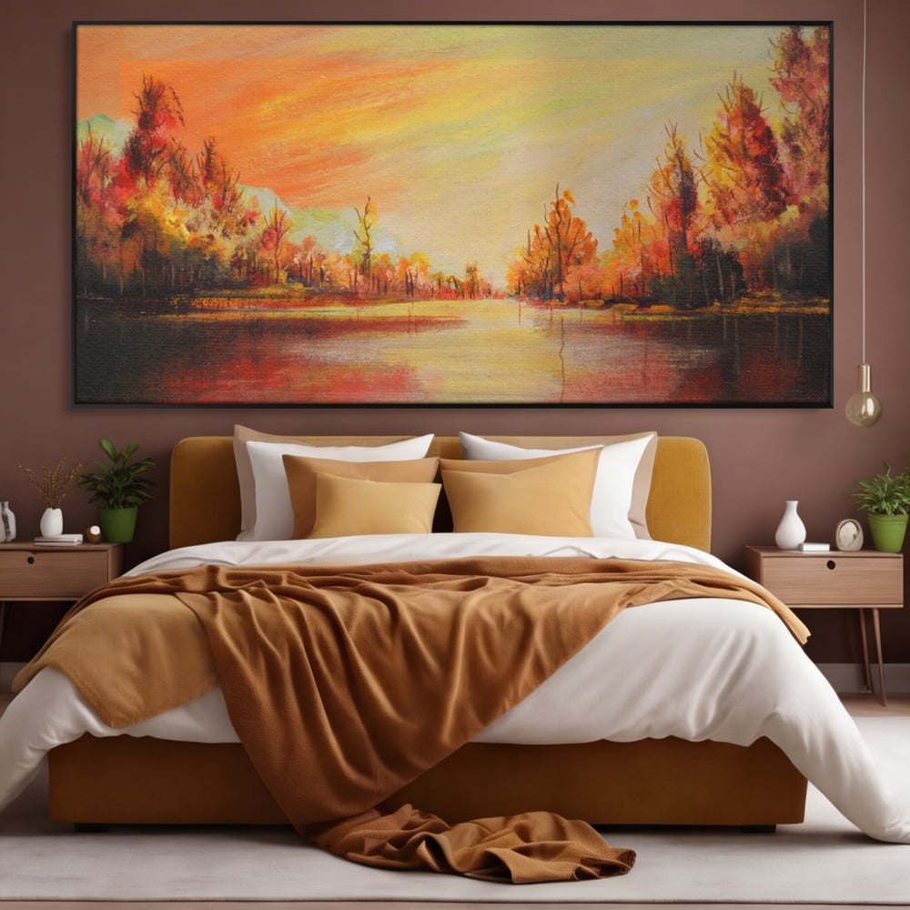 Tablou Canvas Premium LuxCanva® A1102, Apus De Toamna , Peisaj, Padure, Lac, Copaci, Culori Vibrante