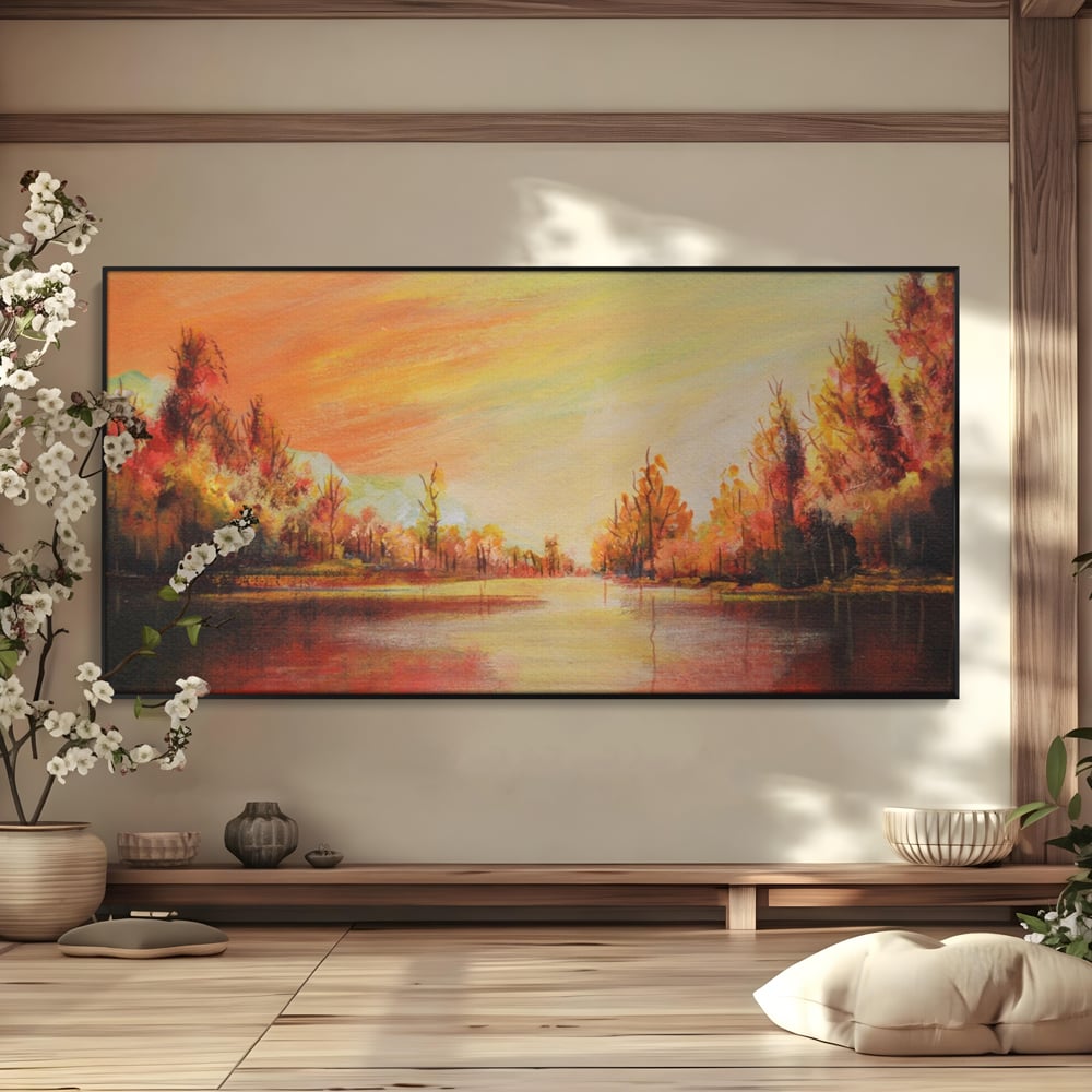 Tablou Canvas Premium LuxCanva® A1102, Apus De Toamna , Peisaj, Padure, Lac, Copaci, Culori Vibrante