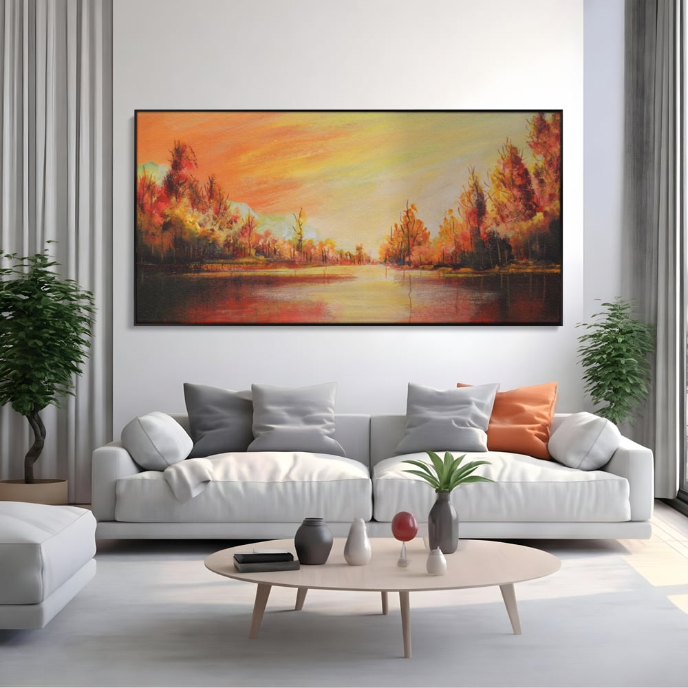 Tablou Canvas Premium LuxCanva® A1102, Apus De Toamna , Peisaj, Padure, Lac, Copaci, Culori Vibrante