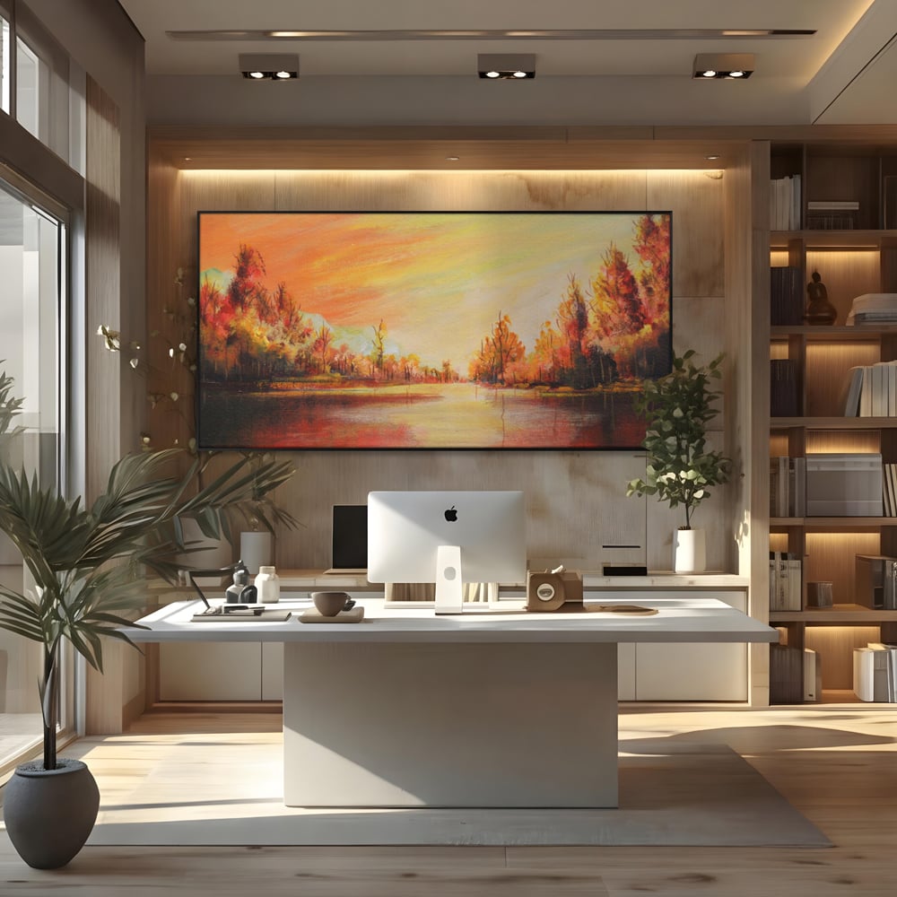 Tablou Canvas Premium LuxCanva® A1102, Apus De Toamna , Peisaj, Padure, Lac, Copaci, Culori Vibrante