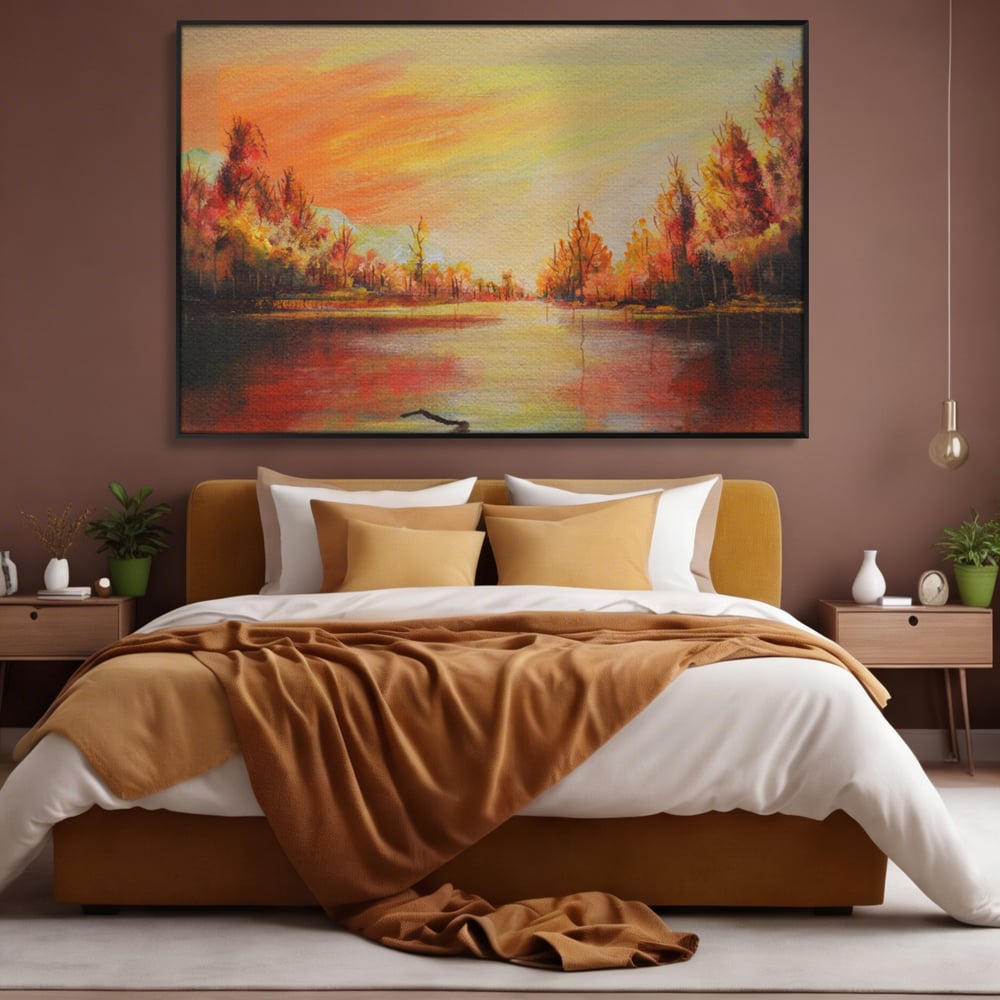 Tablou Canvas Premium LuxCanva® A1102, Apus De Toamna , Peisaj, Padure, Lac, Copaci, Culori Vibrante
