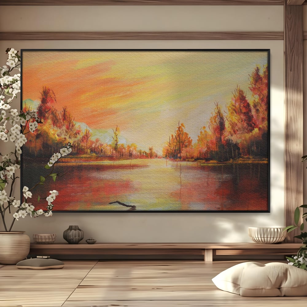 Tablou Canvas Premium LuxCanva® A1102, Apus De Toamna , Peisaj, Padure, Lac, Copaci, Culori Vibrante
