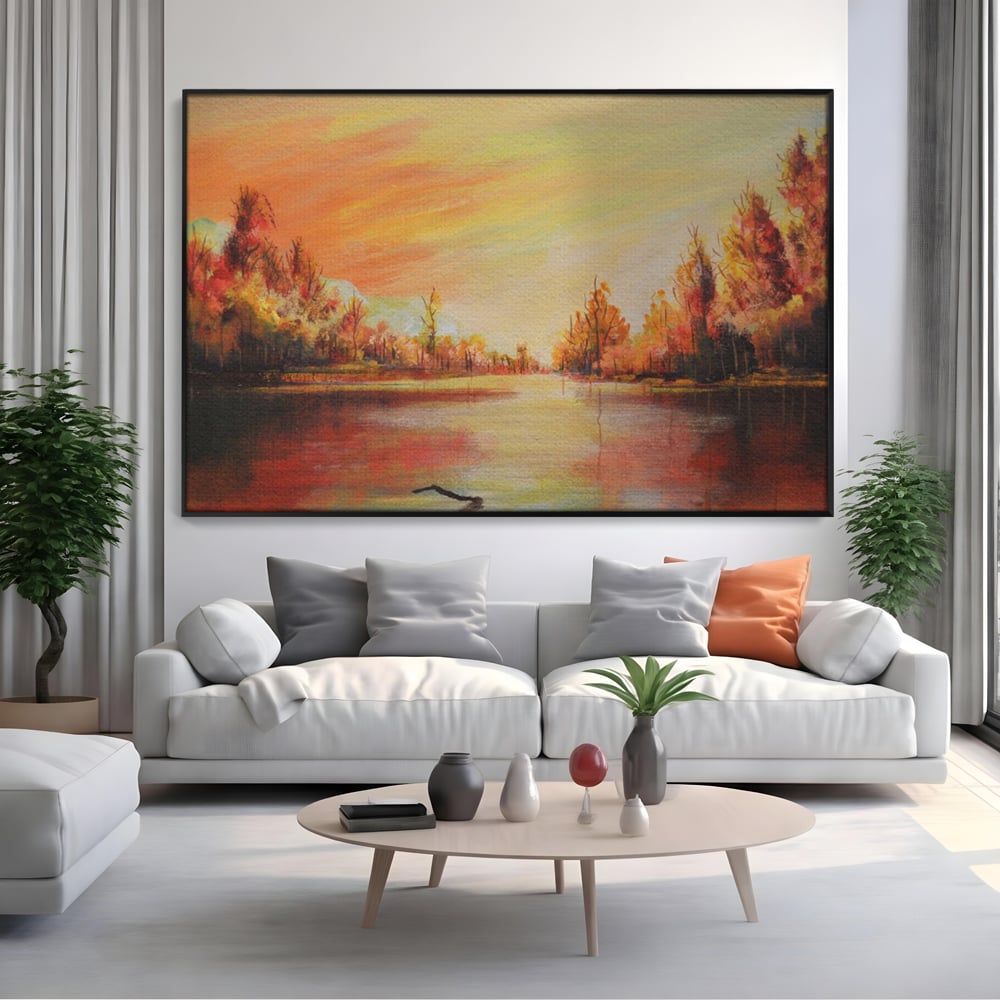 Tablou Canvas Premium LuxCanva® A1102, Apus De Toamna , Peisaj, Padure, Lac, Copaci, Culori Vibrante