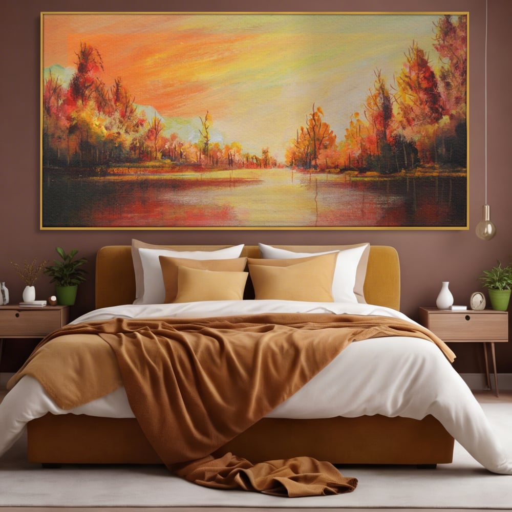 Tablou Canvas Premium LuxCanva® A1102, Apus De Toamna , Peisaj, Padure, Lac, Copaci, Culori Vibrante