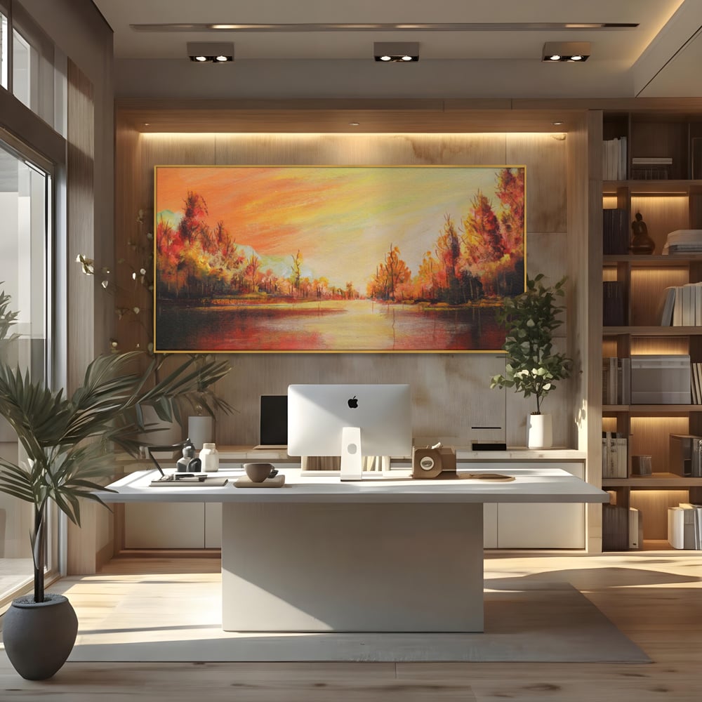 Tablou Canvas Premium LuxCanva® A1102, Apus De Toamna , Peisaj, Padure, Lac, Copaci, Culori Vibrante