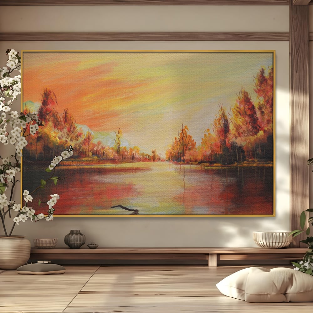 Tablou Canvas Premium LuxCanva® A1102, Apus De Toamna , Peisaj, Padure, Lac, Copaci, Culori Vibrante