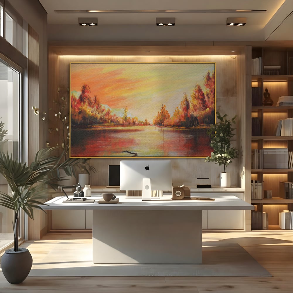 Tablou Canvas Premium LuxCanva® A1102, Apus De Toamna , Peisaj, Padure, Lac, Copaci, Culori Vibrante