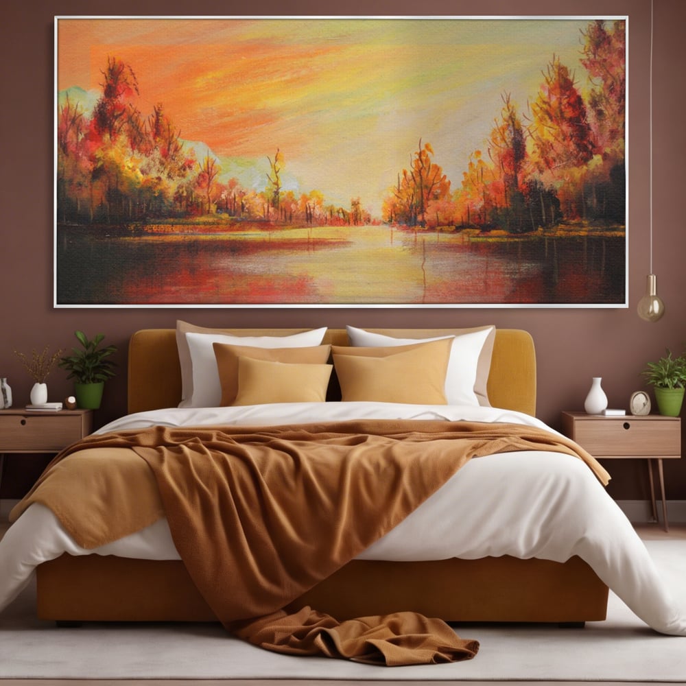 Tablou Canvas Premium LuxCanva® A1102, Apus De Toamna , Peisaj, Padure, Lac, Copaci, Culori Vibrante