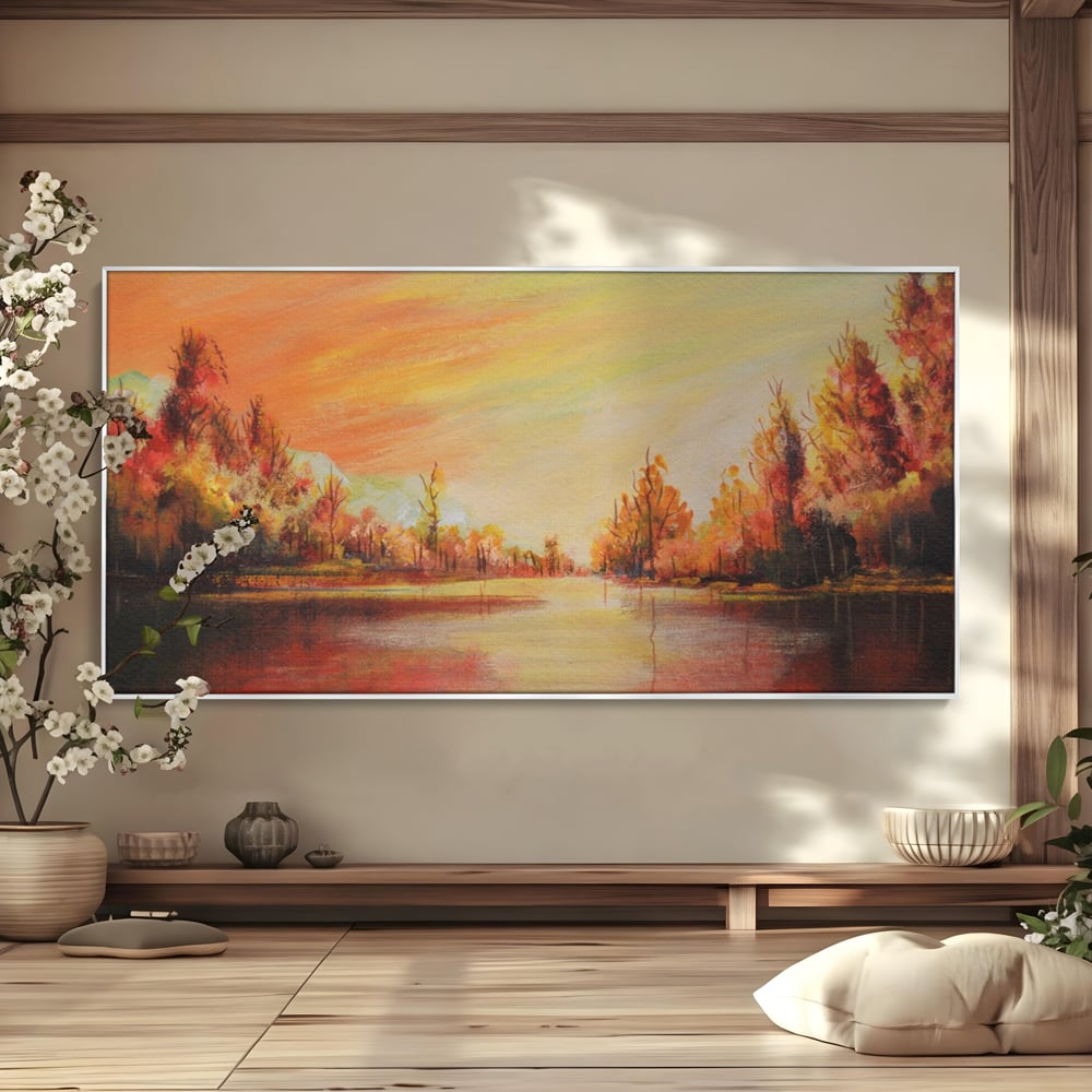 Tablou Canvas Premium LuxCanva® A1102, Apus De Toamna , Peisaj, Padure, Lac, Copaci, Culori Vibrante