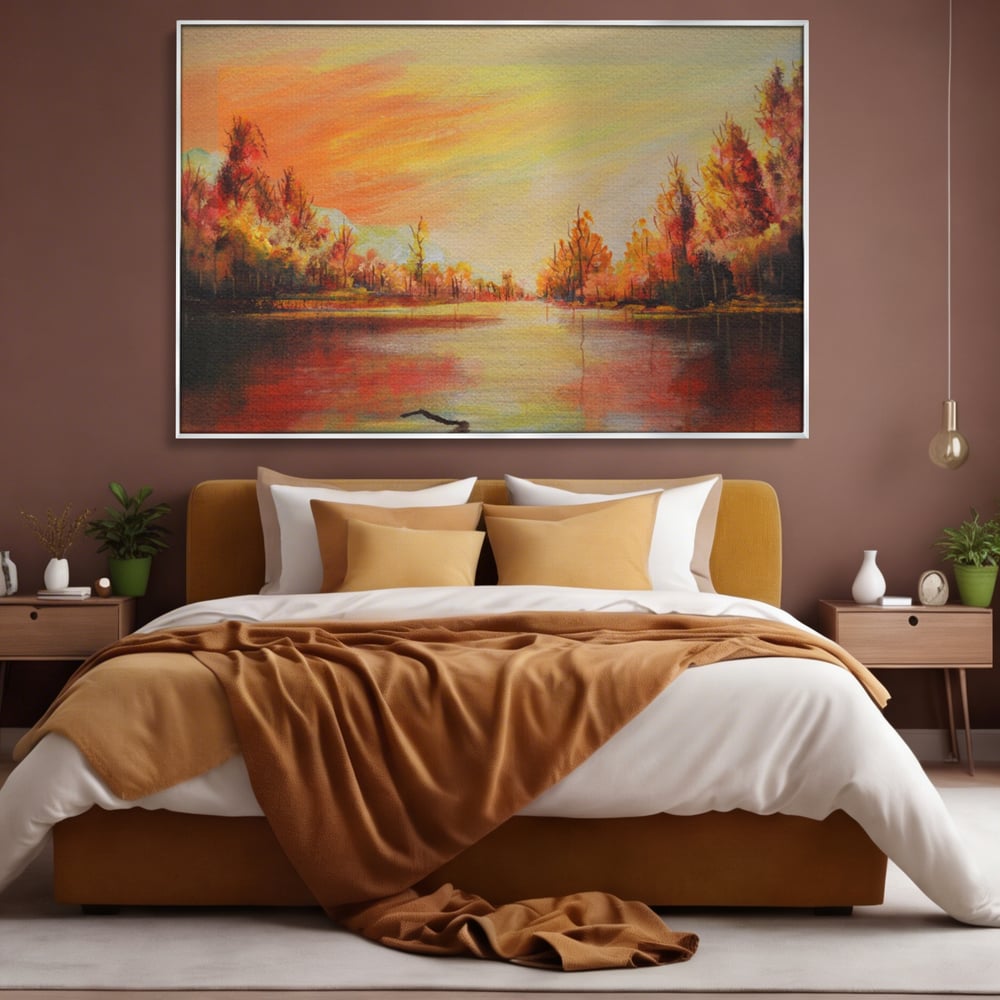 Tablou Canvas Premium LuxCanva® A1102, Apus De Toamna , Peisaj, Padure, Lac, Copaci, Culori Vibrante