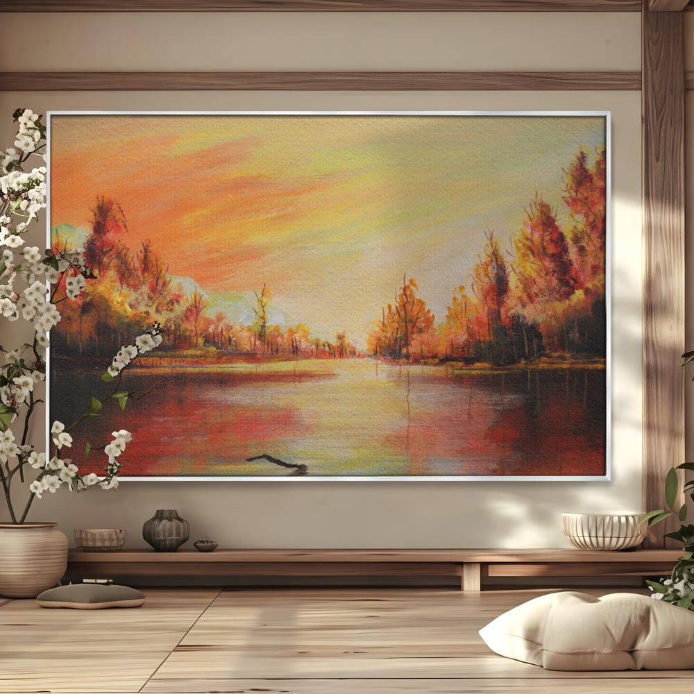 Tablou Canvas Premium LuxCanva® A1102, Apus De Toamna , Peisaj, Padure, Lac, Copaci, Culori Vibrante