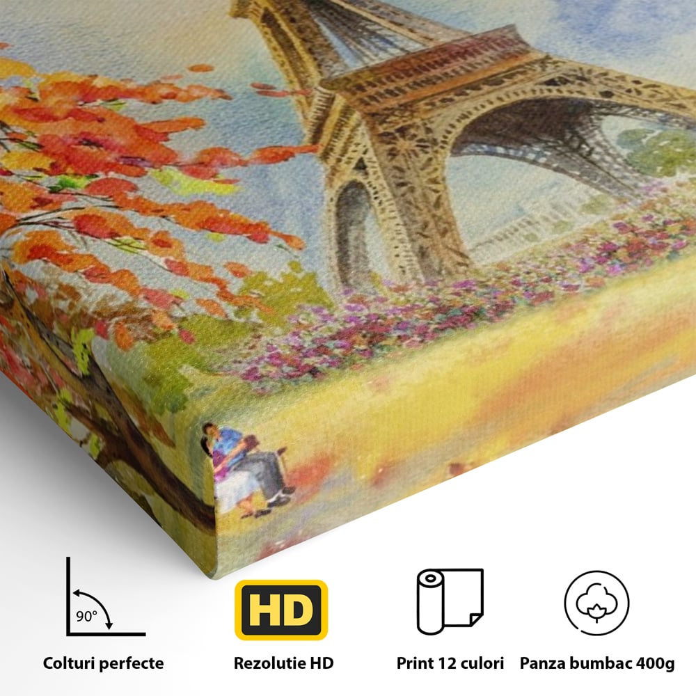 Tablou Canvas Premium LuxCanva® A1104, Iubire In Paris ,  Orasul Iubirii, Indragostiti, Turnul Eiffel, Culori Vibrante