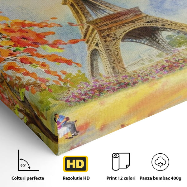 Tablou Canvas Premium LuxCanva® A1104, Iubire In Paris ,  Orasul Iubirii, Indragostiti, Turnul Eiffel, Culori Vibrante