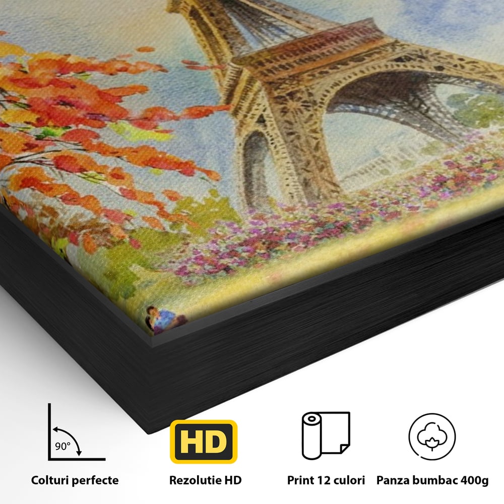 Tablou Canvas Premium LuxCanva® A1104, Iubire In Paris ,  Orasul Iubirii, Indragostiti, Turnul Eiffel, Culori Vibrante