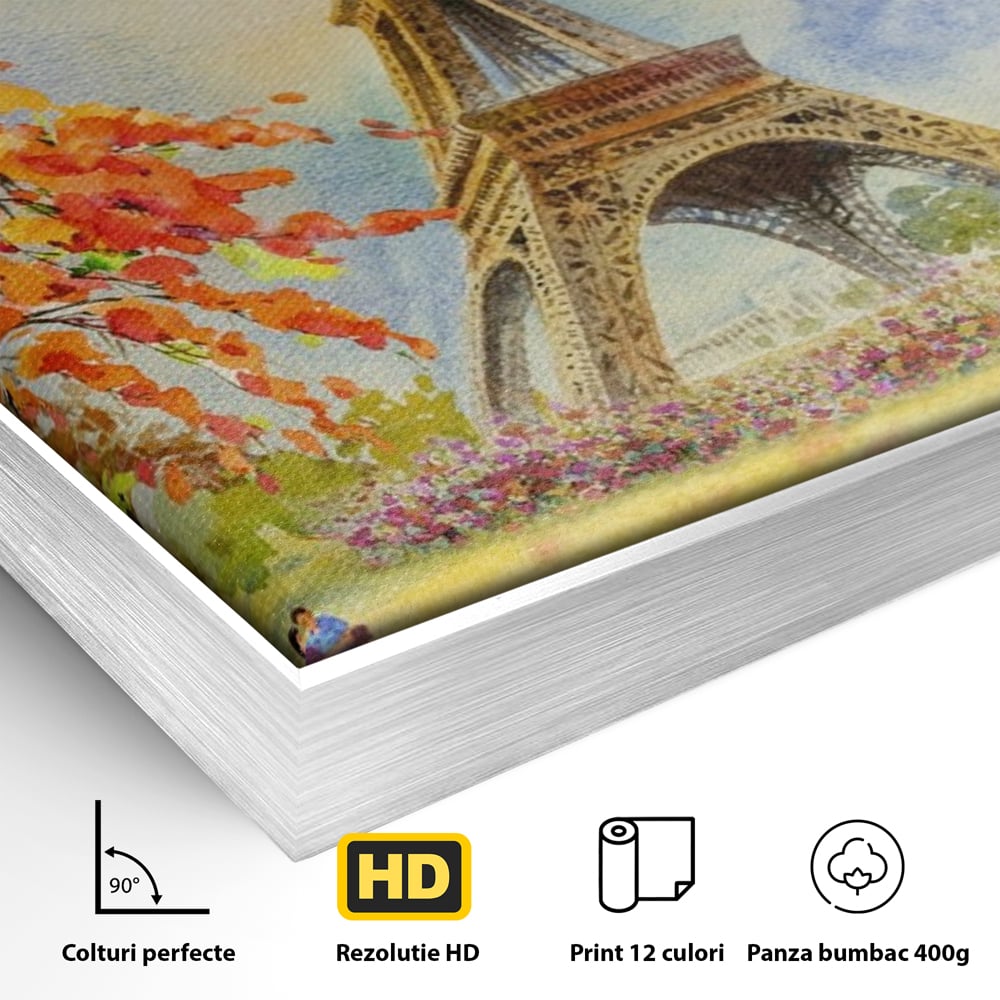 Tablou Canvas Premium LuxCanva® A1104, Iubire In Paris ,  Orasul Iubirii, Indragostiti, Turnul Eiffel, Culori Vibrante