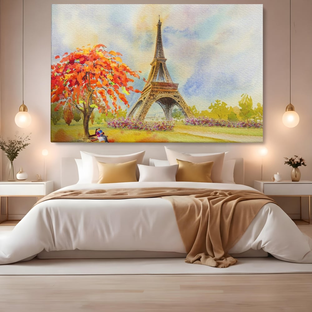 Tablou Canvas Premium LuxCanva® A1104, Iubire In Paris ,  Orasul Iubirii, Indragostiti, Turnul Eiffel, Culori Vibrante