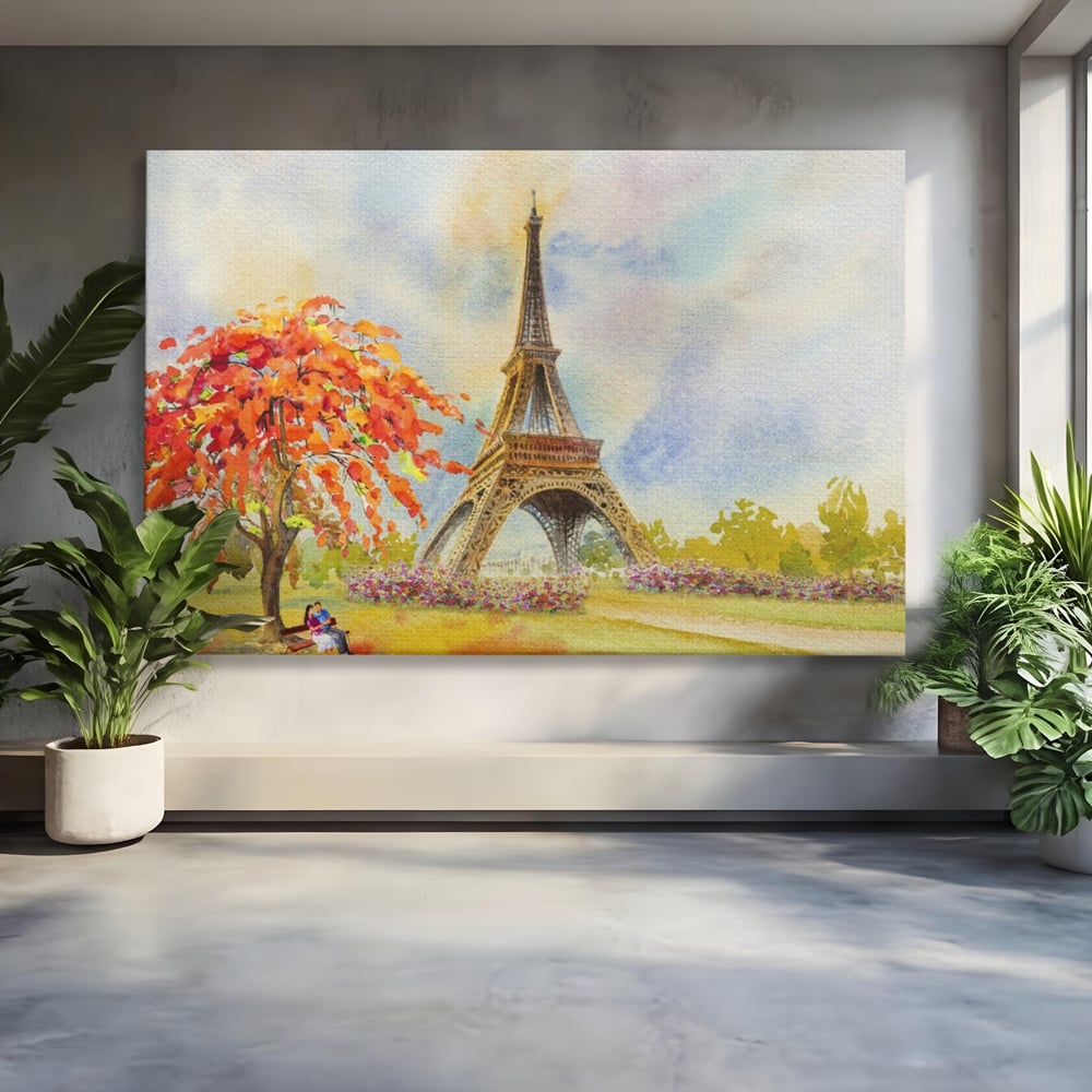 Tablou Canvas Premium LuxCanva® A1104, Iubire In Paris ,  Orasul Iubirii, Indragostiti, Turnul Eiffel, Culori Vibrante