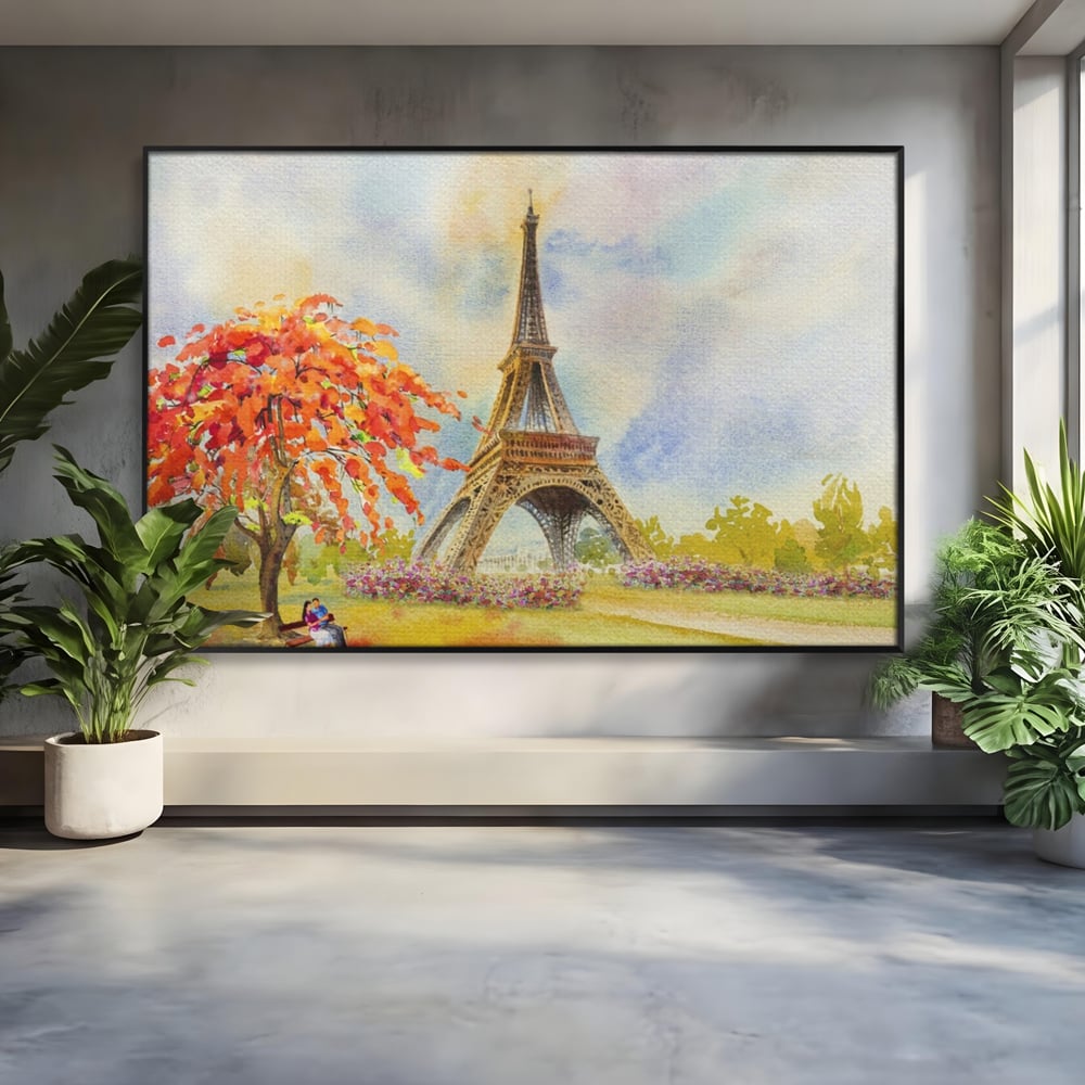 Tablou Canvas Premium LuxCanva® A1104, Iubire In Paris ,  Orasul Iubirii, Indragostiti, Turnul Eiffel, Culori Vibrante