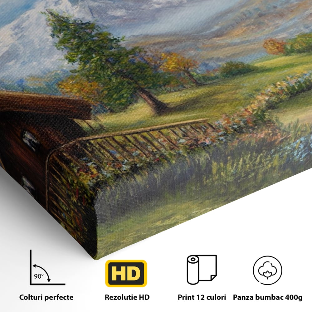 Tablou Canvas Premium LuxCanva® A1105, Cabana La Munte , Peisaj, Natura, Flori, Culori Vibrante