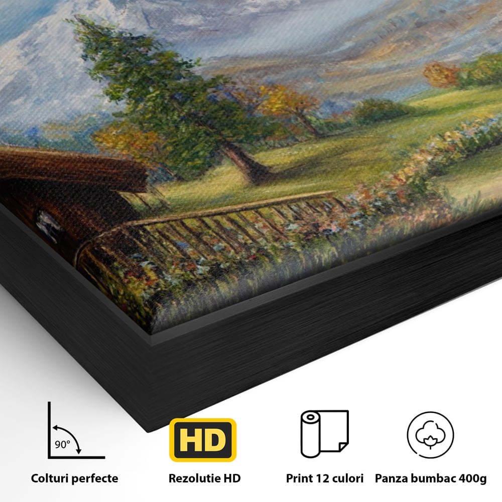 Tablou Canvas Premium LuxCanva® A1105, Cabana La Munte , Peisaj, Natura, Flori, Culori Vibrante
