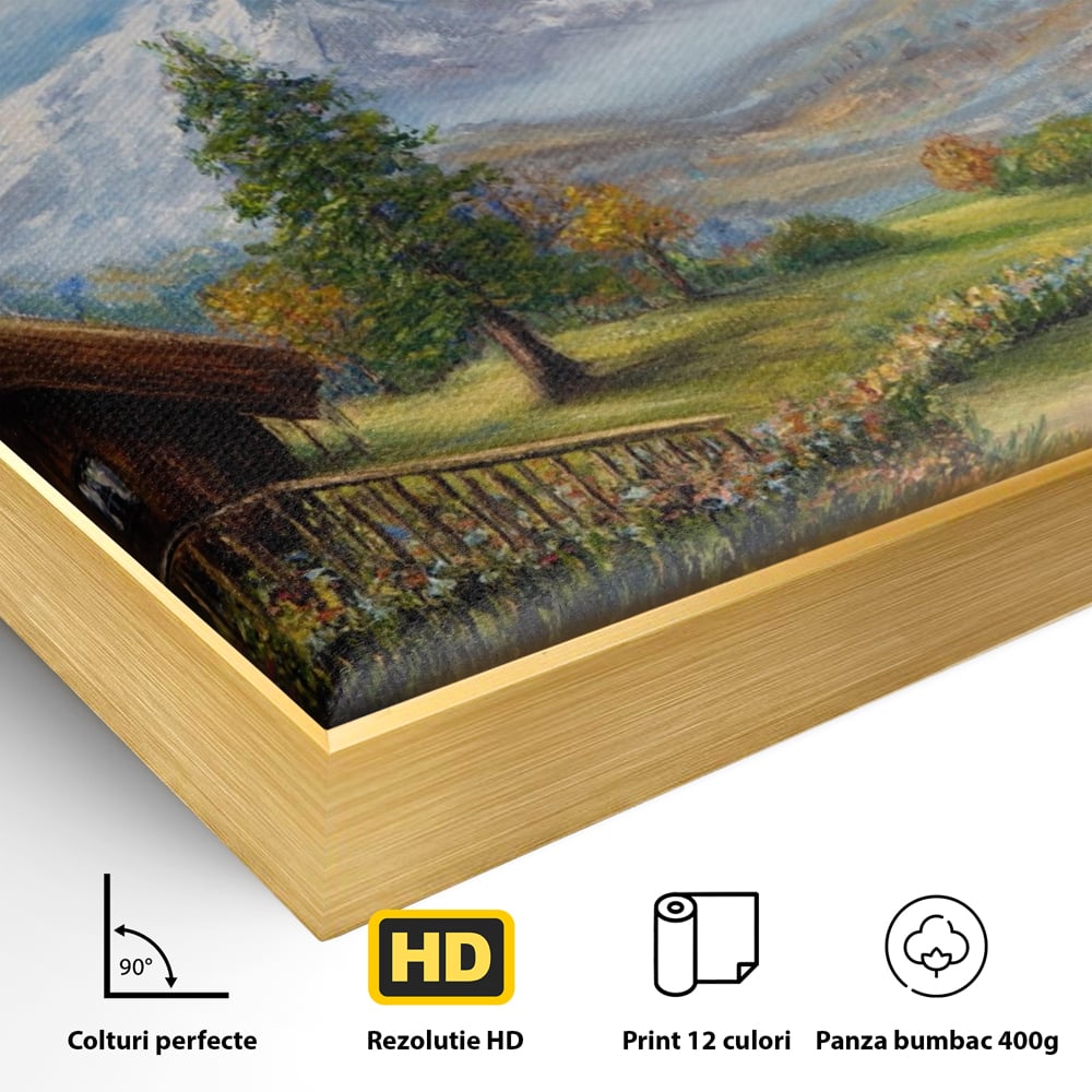 Tablou Canvas Premium LuxCanva® A1105, Cabana La Munte , Peisaj, Natura, Flori, Culori Vibrante