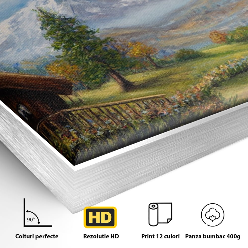Tablou Canvas Premium LuxCanva® A1105, Cabana La Munte , Peisaj, Natura, Flori, Culori Vibrante