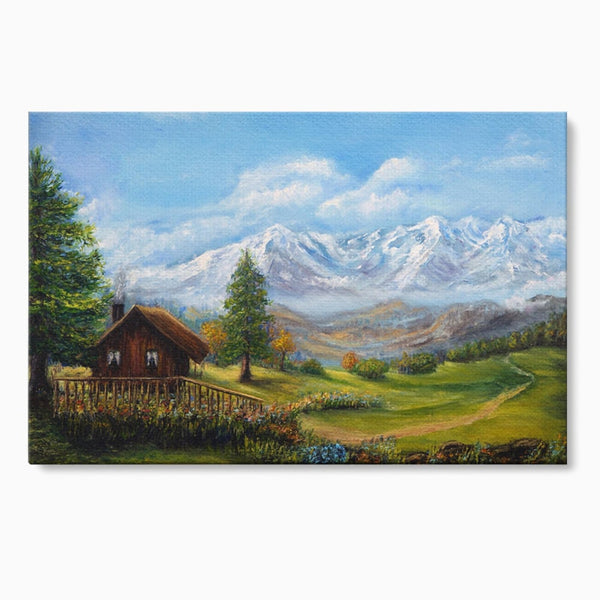 Tablou Canvas Premium LuxCanva® A1105, Cabana La Munte , Peisaj, Natura, Flori, Culori Vibrante
